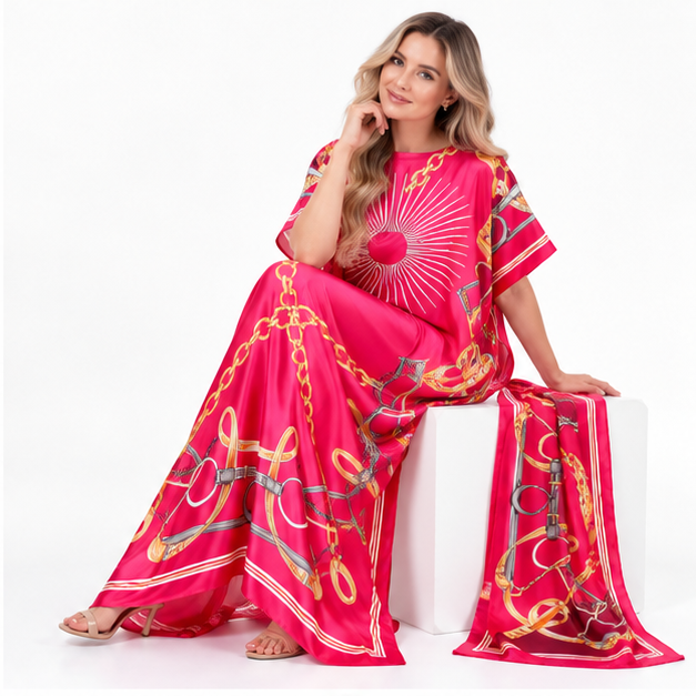 Elegant Red Chain Print Silk Satin Kaftan-3