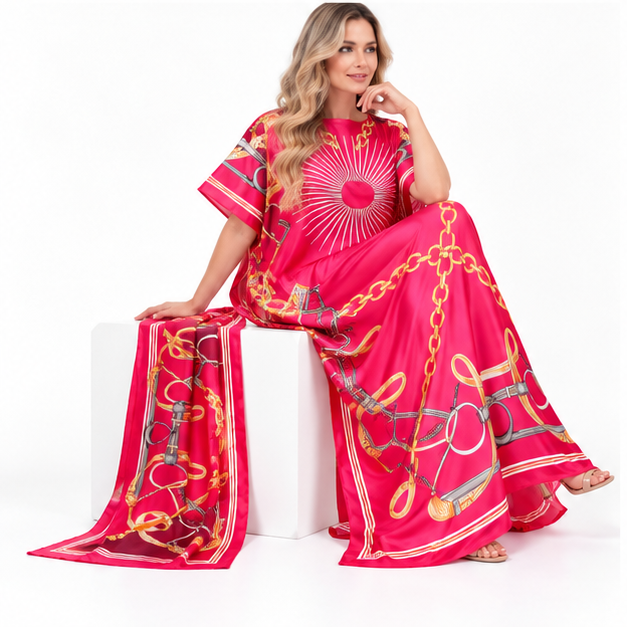 Elegant Red Chain Print Silk Satin Kaftan-2