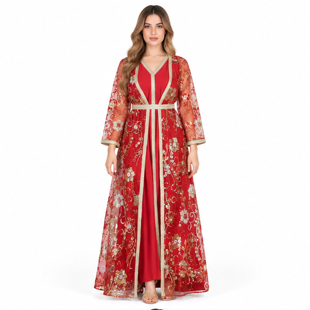 Elegant Red Floral Sequin Embroidered Kaftan-1