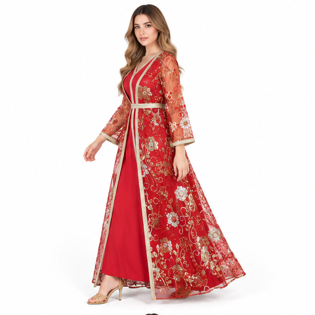 Elegant Red Floral Sequin Embroidered Kaftan-3