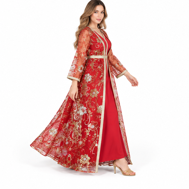 Elegant Red Floral Sequin Embroidered Kaftan