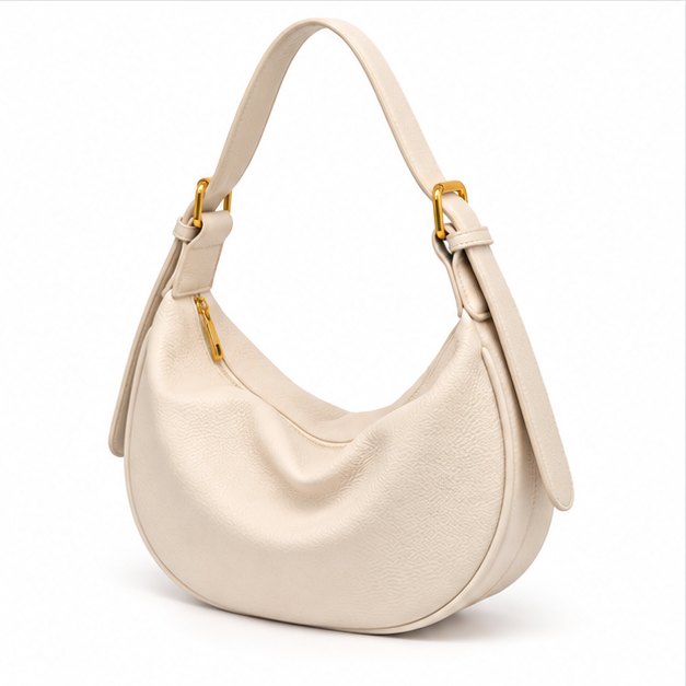 Beige Crescent Pebbled Leather Shoulder Bag-3