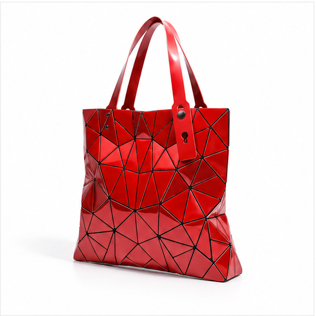 Red Geometric Glossy Structured Tote Bag-3