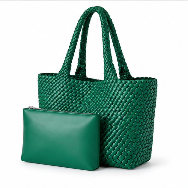 Dark Green Woven Tote Matching Pouch-3