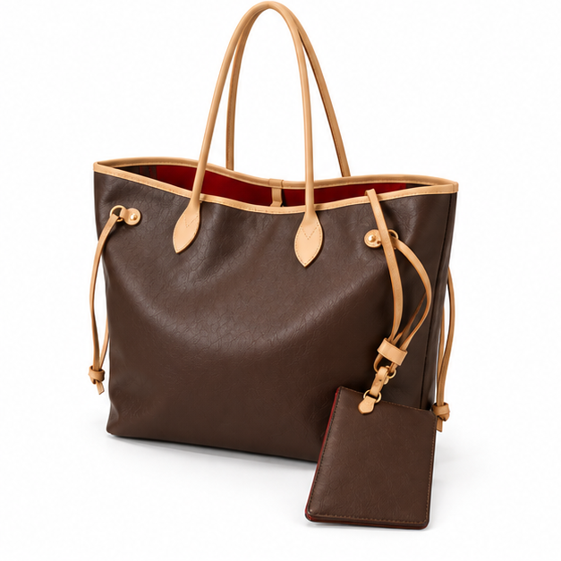Classic Brown Leather Tote With Pouch-3