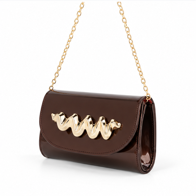 Glossy Chocolate Gold Chain Evening Bag-3