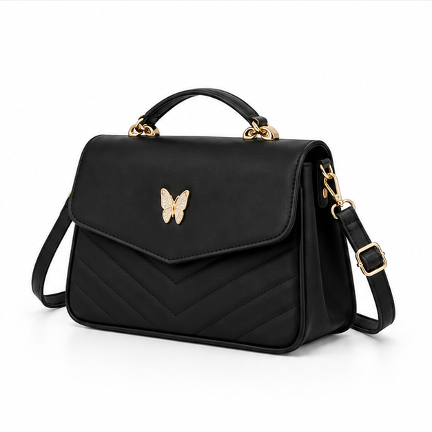 Elegant Black Butterfly Quilted Shoulder Handbag-3