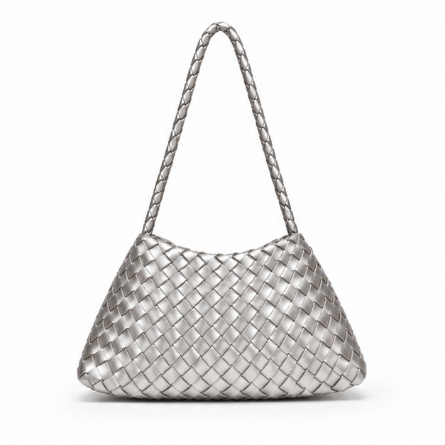 Silver Woven Shoulder Bag With Strap-2