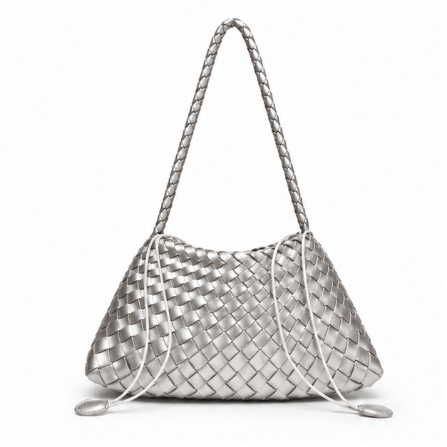 Silver Woven Shoulder Bag With Strap-4