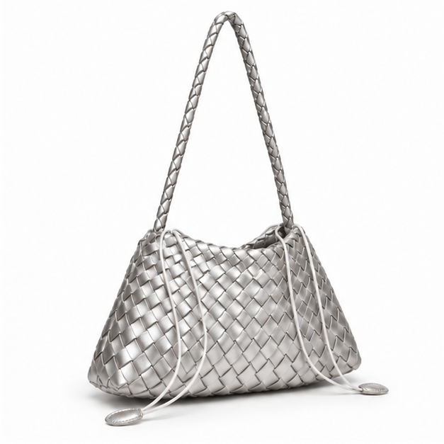 Silver Woven Shoulder Bag With Strap-1
