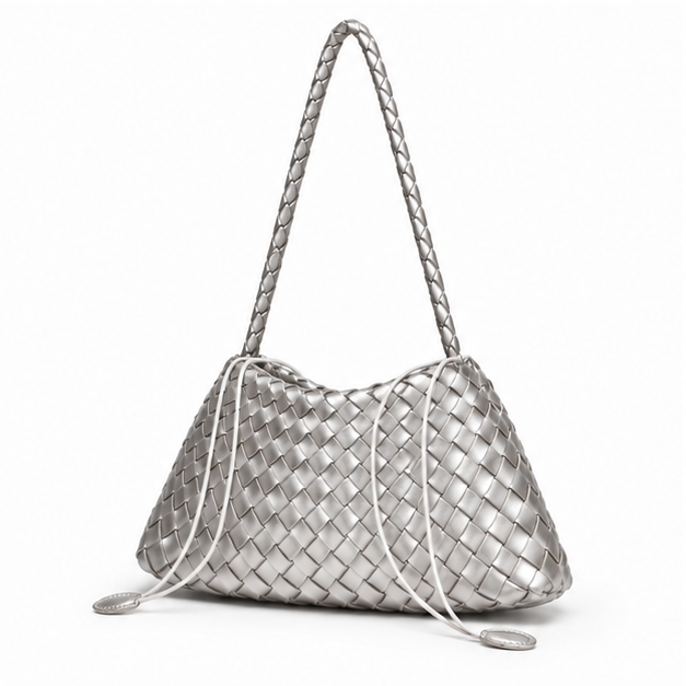 Silver Woven Shoulder Bag With Strap-3