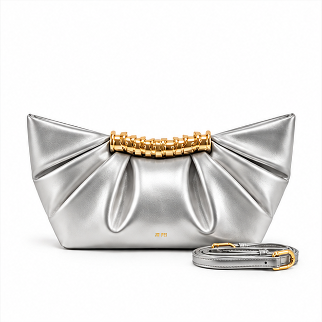 Silver Pleated Gold Handle Shoulder Bag-4