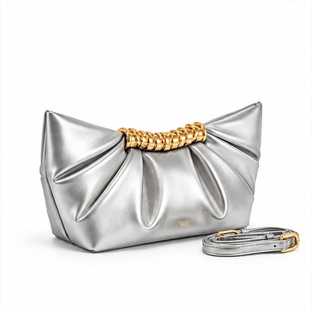 Silver Pleated Gold Handle Shoulder Bag-1