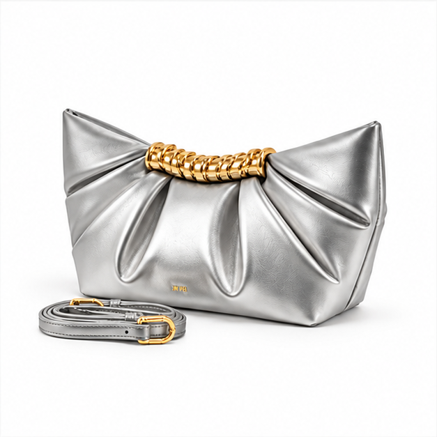Silver Pleated Gold Handle Shoulder Bag-3
