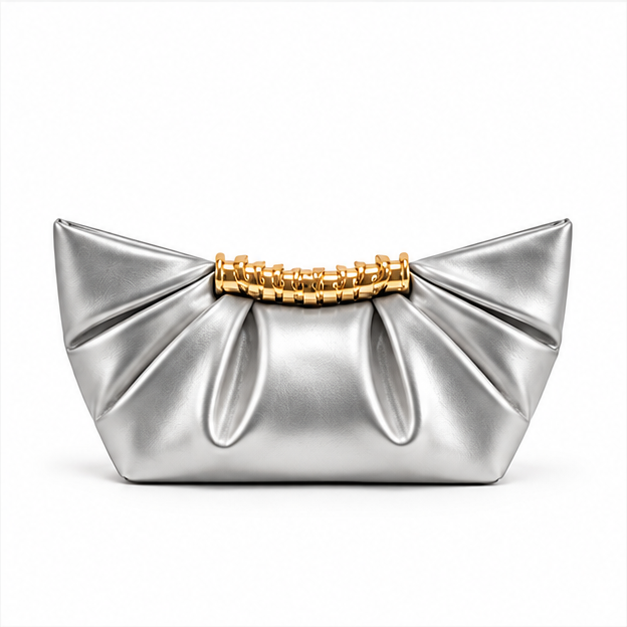 Silver Pleated Gold Handle Shoulder Bag-2