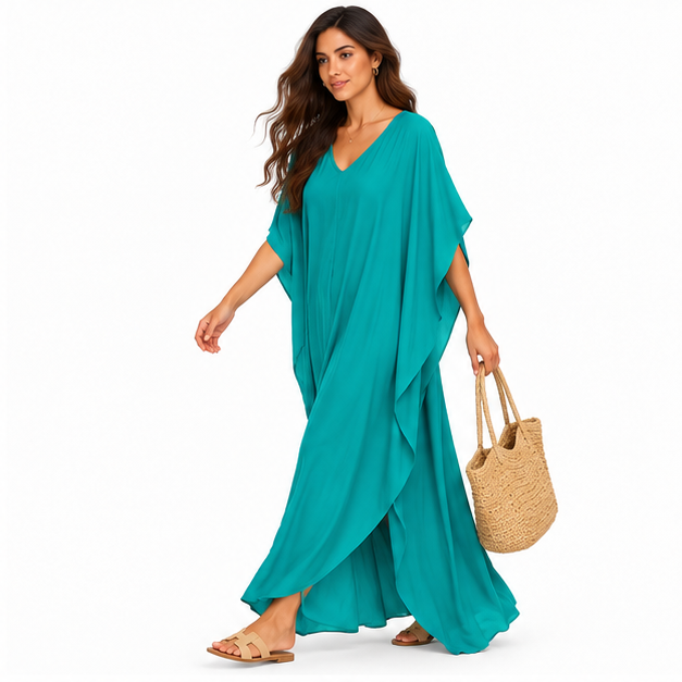 Elegant Blue Green Linen Maxi Kaftan-2
