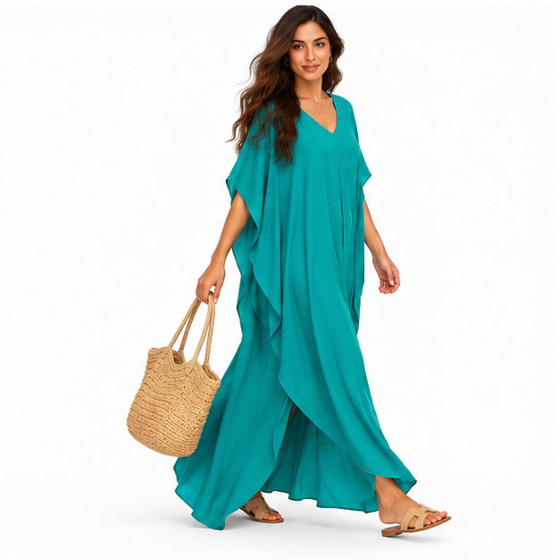 Elegant Blue Green Linen Maxi Kaftan-3