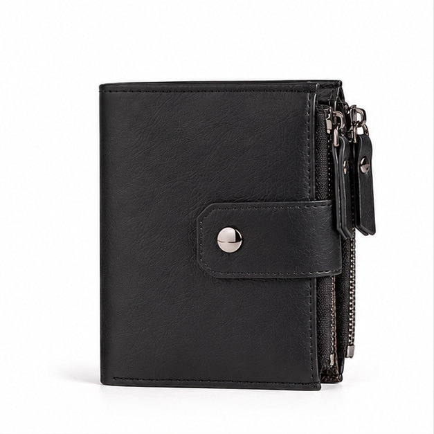 Black Leather Dual Zip Compact Wallet-4