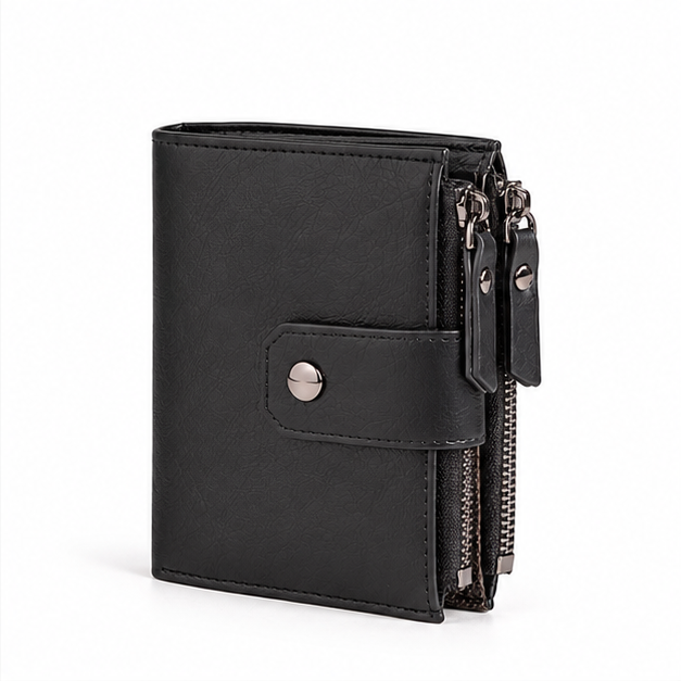 Black Leather Dual Zip Compact Wallet-3