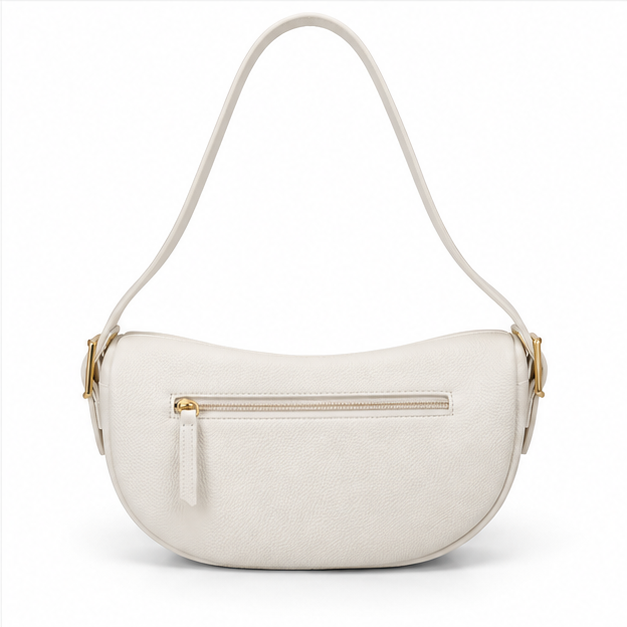 White Crescent Shoulder Bag With Zipper-2