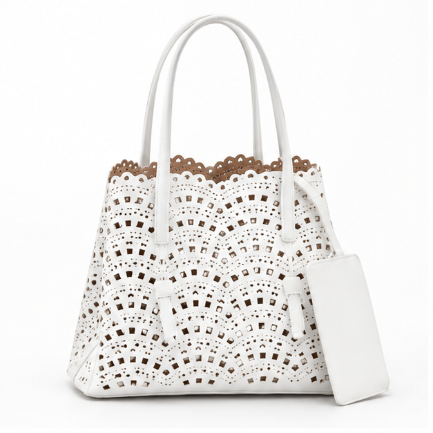 Elegant White Laser Cut Tote Handbag-4