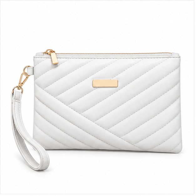 White Quilted Wristlet Clutch Bag Purse-4