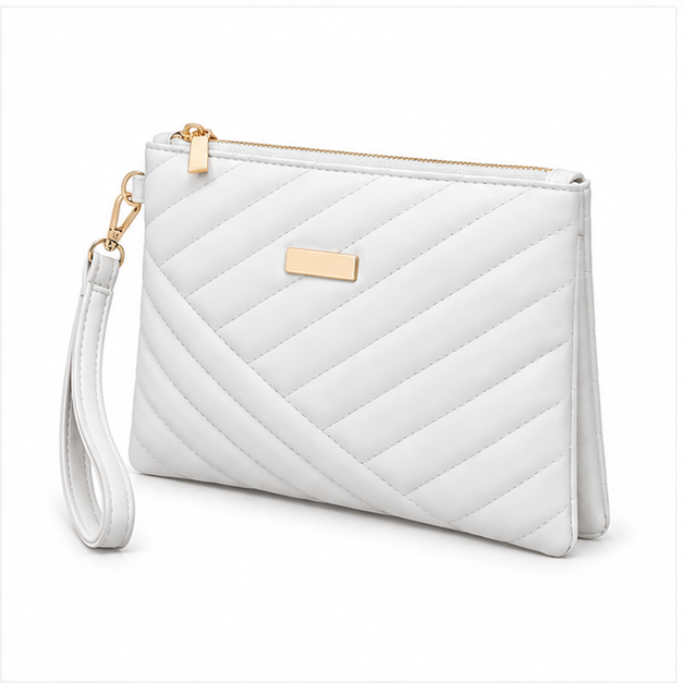 White Quilted Wristlet Clutch Bag Purse-3