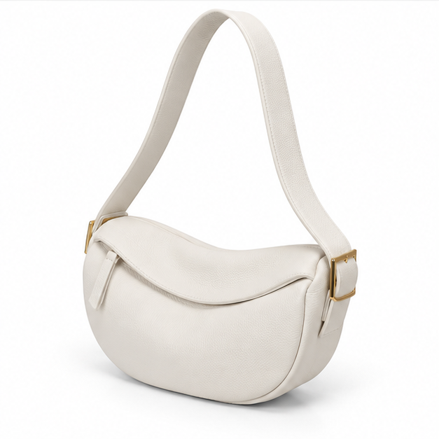 White Crescent Shoulder Bag With Zipper-3