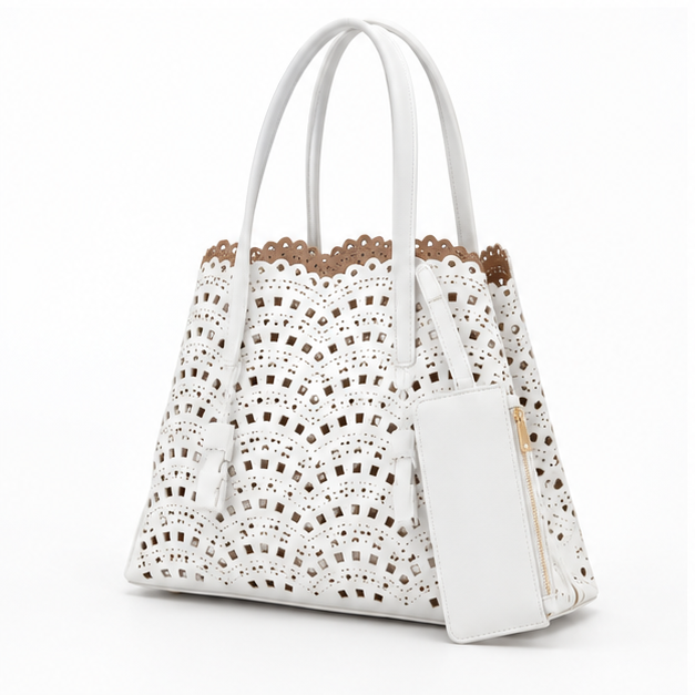 Elegant White Laser Cut Tote Handbag-2